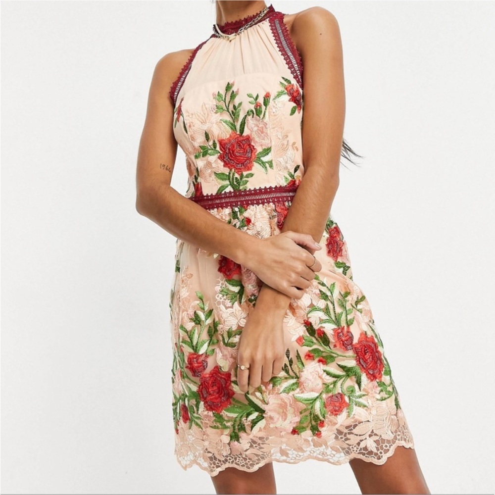 NWT Chi Chi London Mini Dress In Rose Appliqué